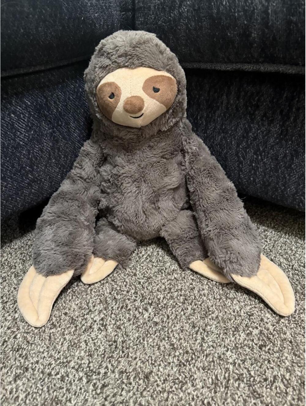 Gray sloth plush toy with beige paws and face #sloth #plush